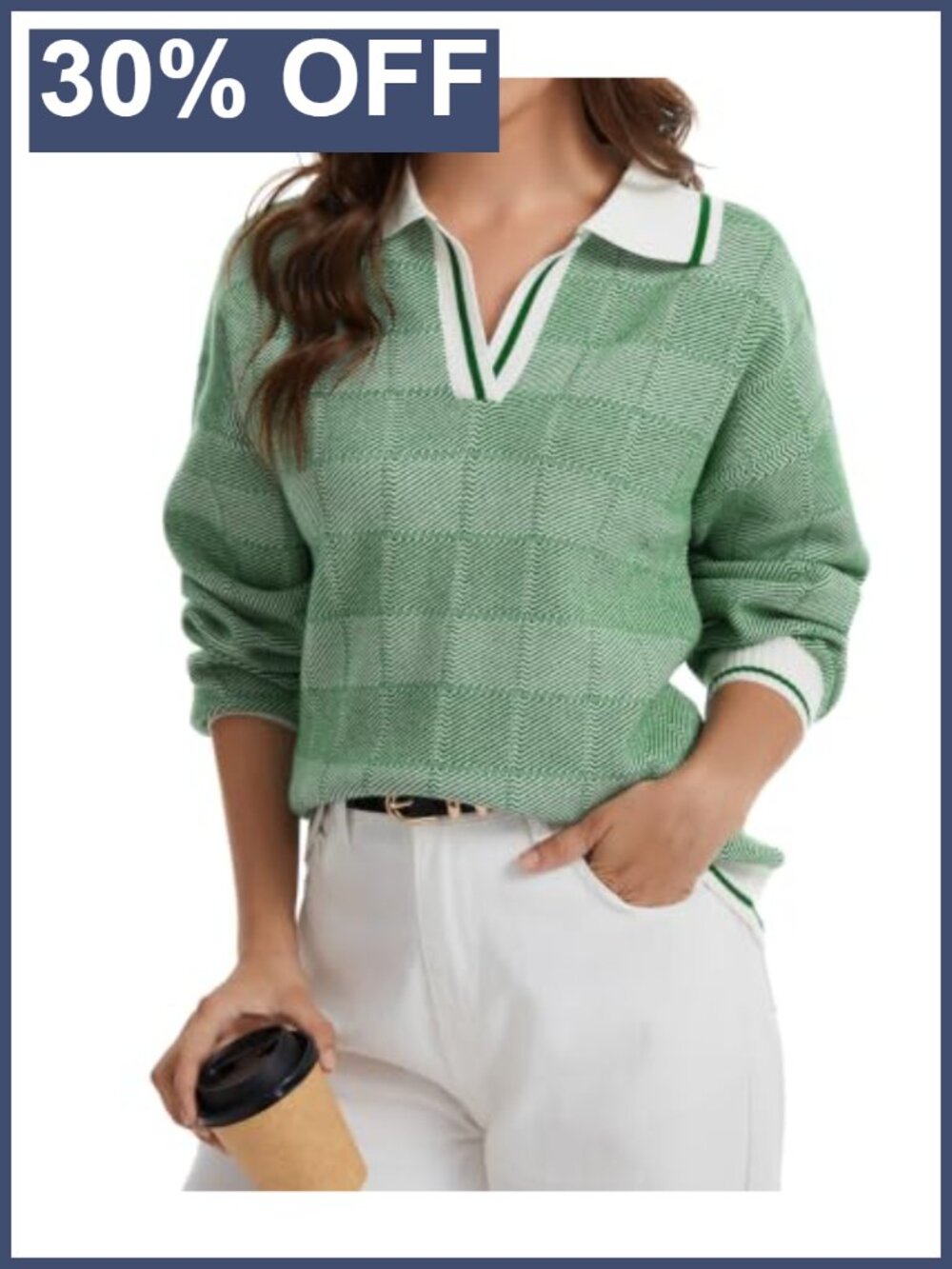 Preppy Plaid Polo Neck Knit Pullover Sweater with Rib Trim